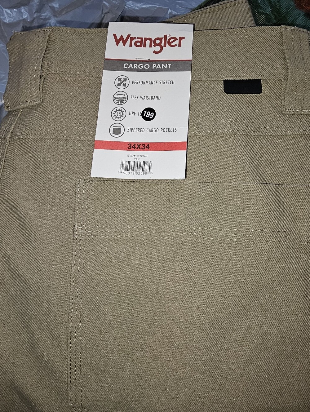 Wrangler Men's Tech Cargo Pant - Performance Stretch UPF 15 - 34x34 - Tan